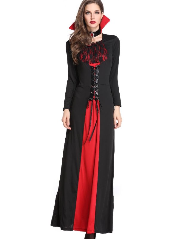 Halloween Festival Costumes Queen Cosplay Dress Vintage Color-block Lace Bell Sleeve Dress
