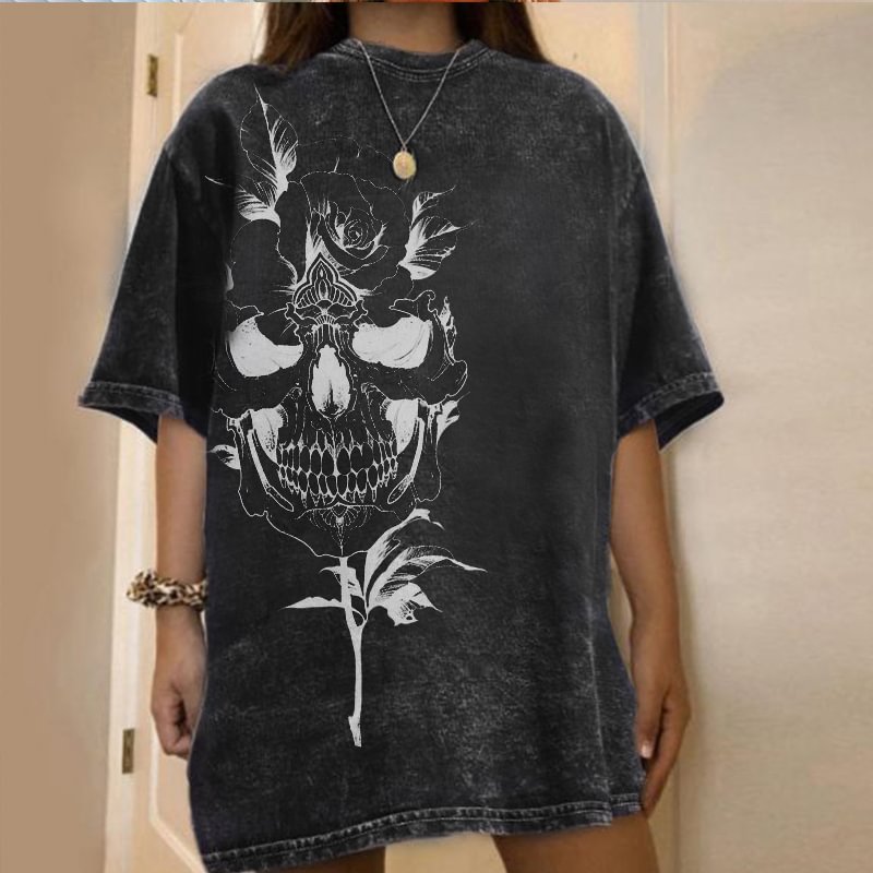 Minnieskull Casual horrifying skull floral T-shirt - Minnieskull