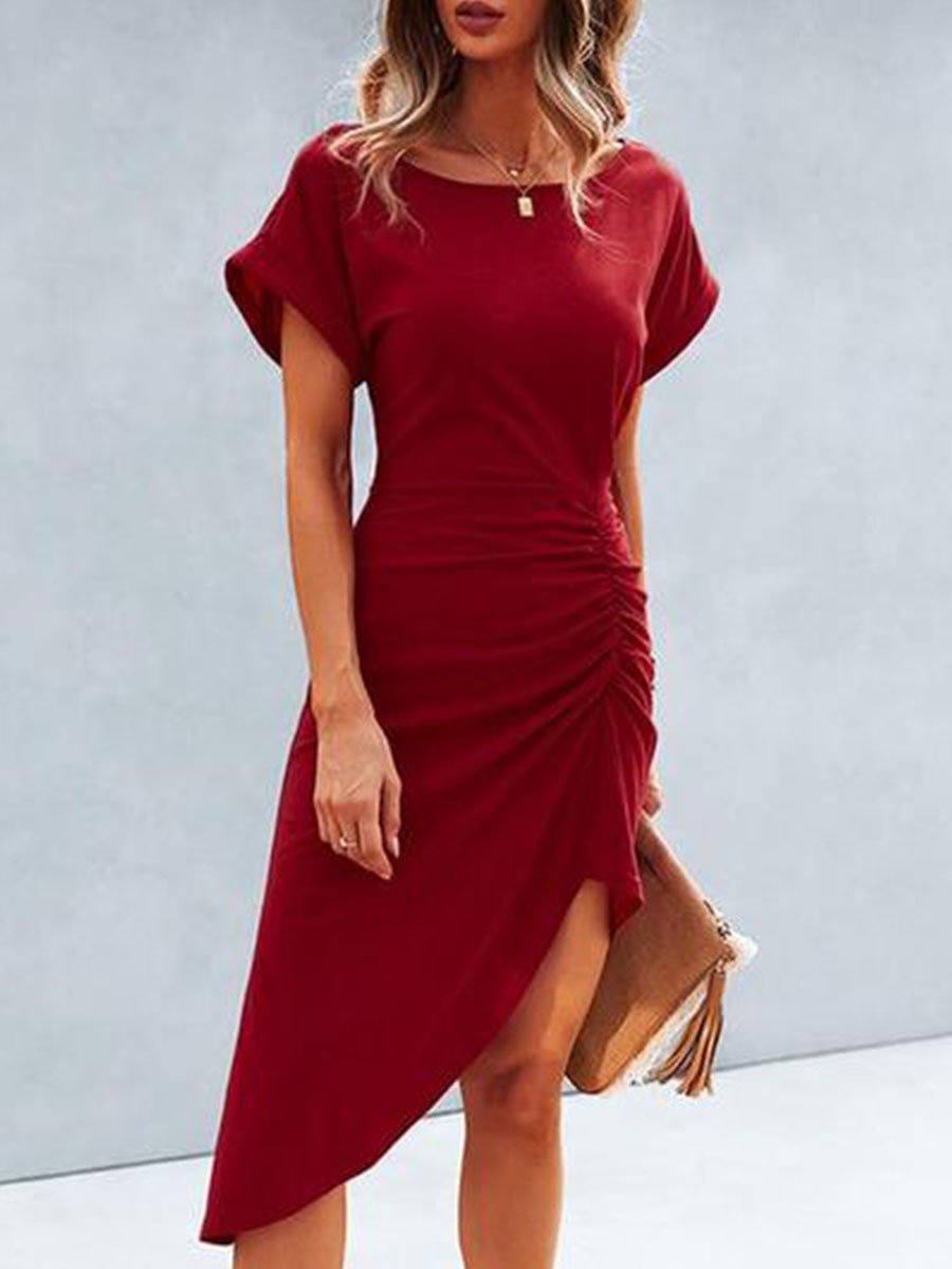 Round Neck Ruched High-low Midi Dress P14439