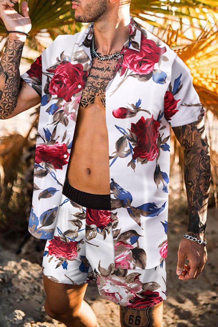 Tiboyz Outfits Floral Pattern Beach Short Sleeve Shirt Set