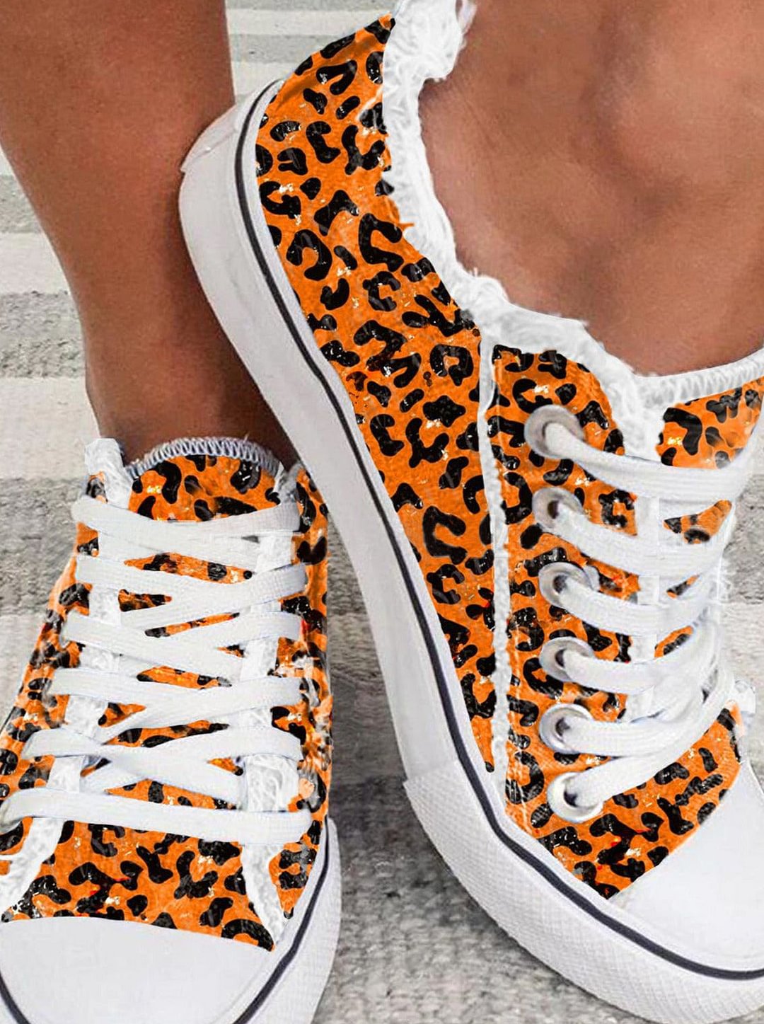 Orange Leopard Print Lace-Up Canvas Sneakers