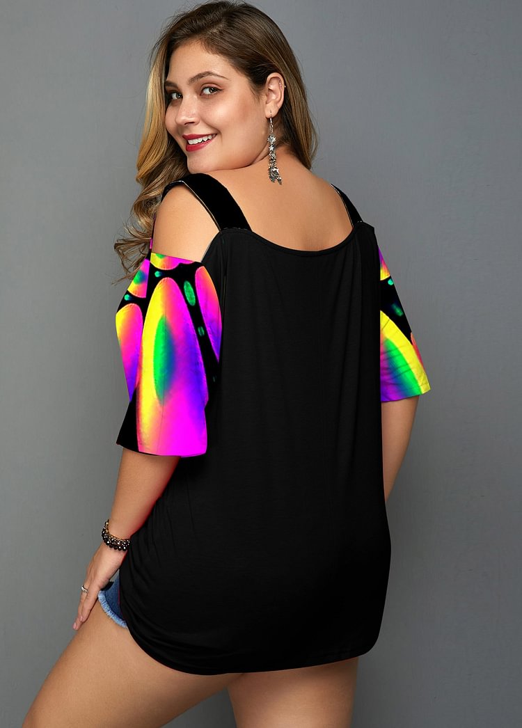 Rainbow Color Printed Plus Size Cold Shoulder T Shirt