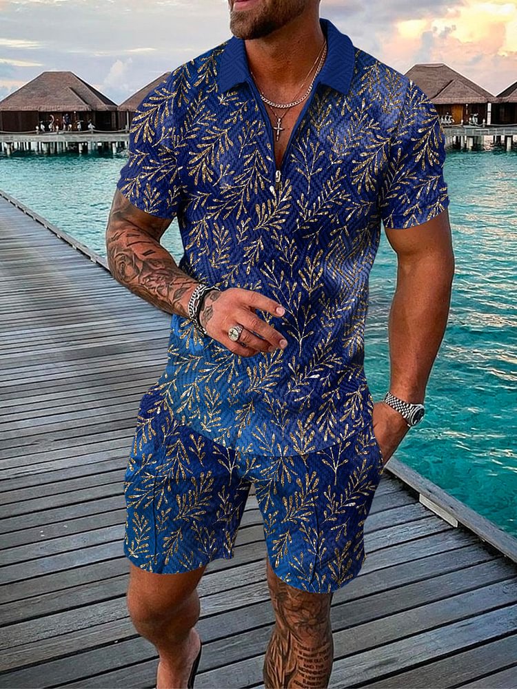 Men's Vacation Abstract Plant Print Polo Suit