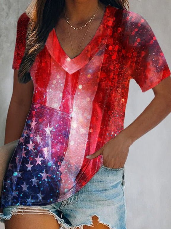 American Flag Print Gradient Color V-Neck T-Shirt