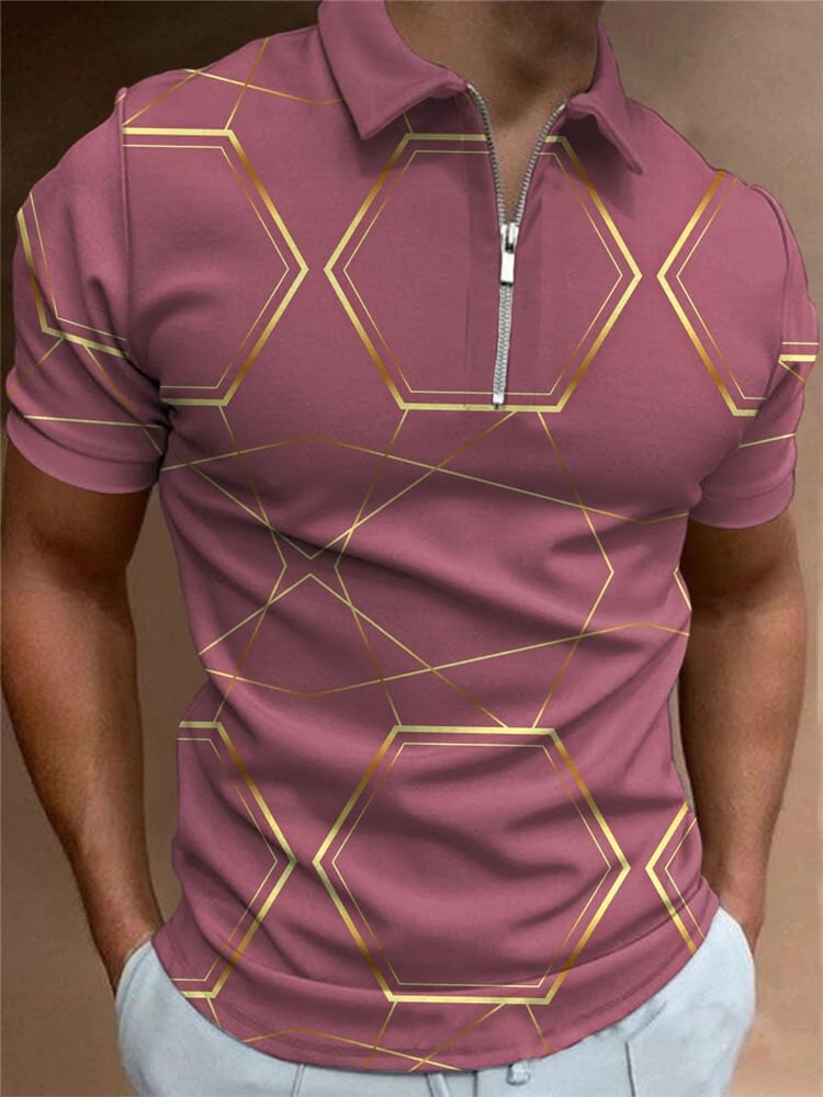 Pink Gold Geometric Pattern Short-Sleeved Zipper Men's Polo Shirts-VESSFUL