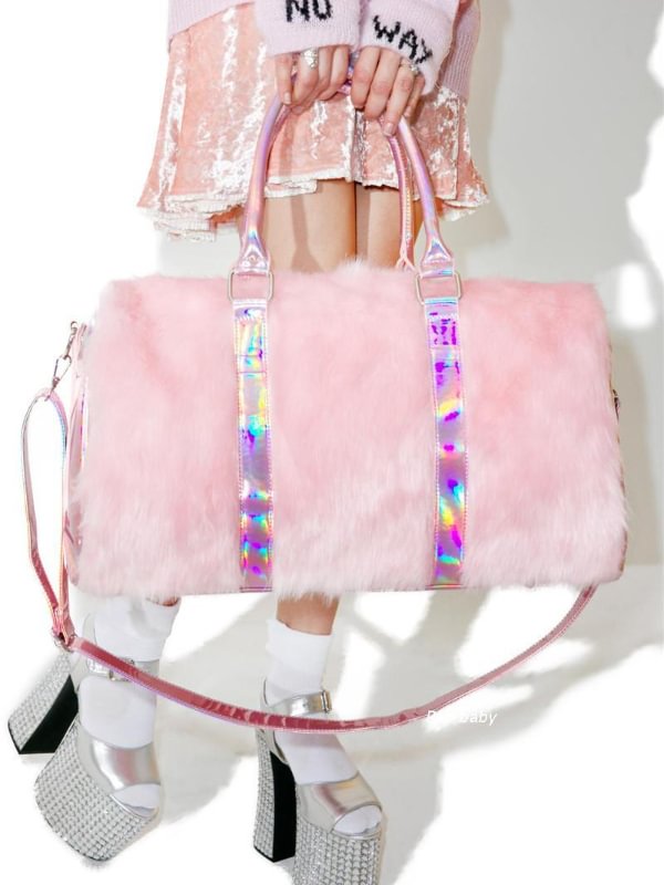 Chic Cute Pink Lolita Style Laser Belt Plush Bag Handbag with The Slinky Shoulder Strap and Handle 