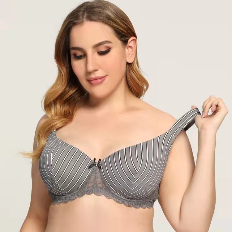 Stripe Lace Bow Lightly Lined Wide Straps Push Up Bra