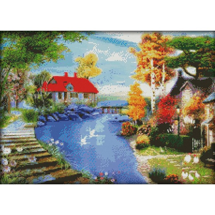 Cottage By The Lake - 14CT Stamped Cross Stitch - 50*37cm