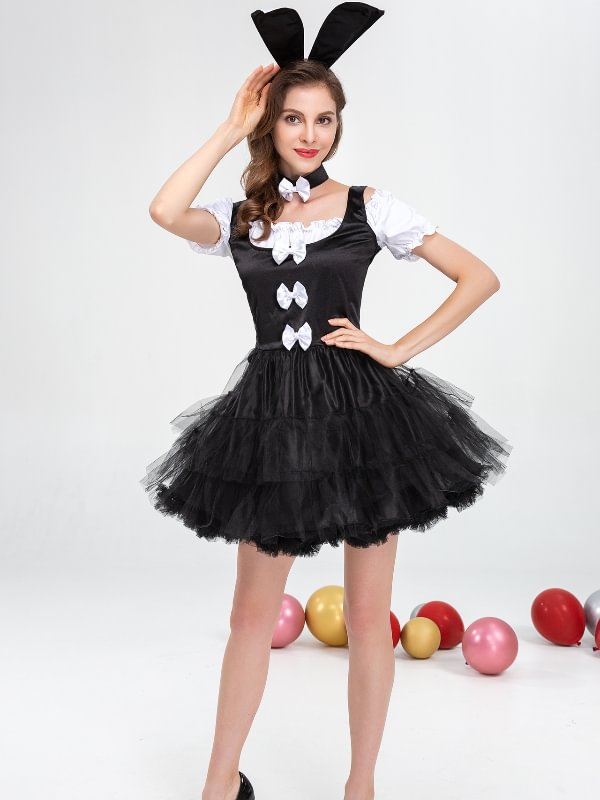 Halloween Festival Costumes Bunny Girl Cosplay Black Mesh Bubble Dress Set Holidays Costumes