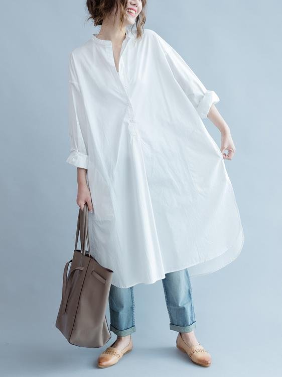 Simple Stand-collar White Long Blouse Dress