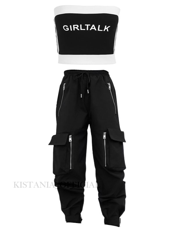 Letter Printed Stripes Ribbing Stretchable Tube Top + Pockets Decorated Zipper Belt Drawstring Industrial Pants 2 Pieces Sets