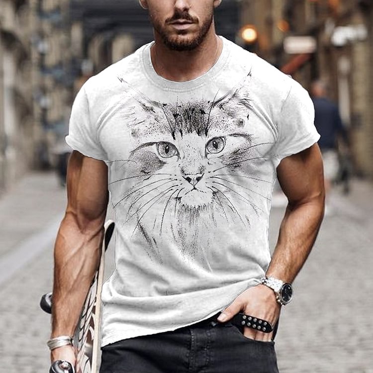 BrosWear Cat White Short Sleeve T-Shirt