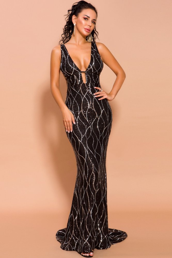 black sequins mermaid long prom dress