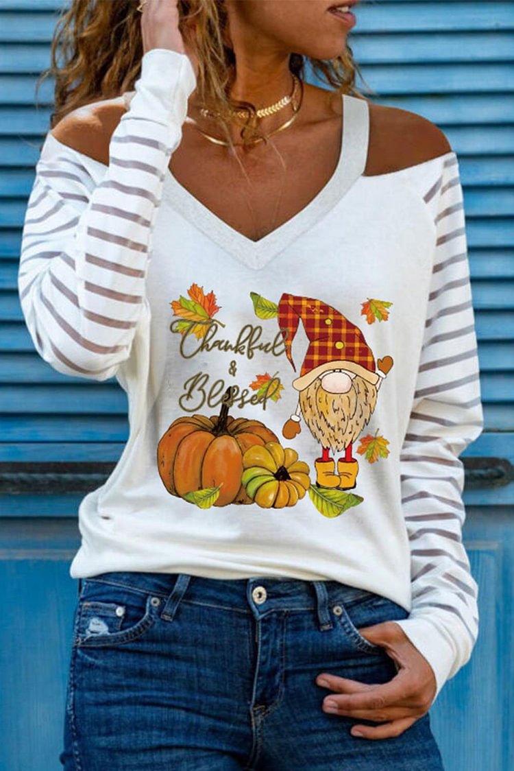 Women's T-shirts Pumpkin Cartoon Print Cold Shoulder T-shirt-Mayoulove