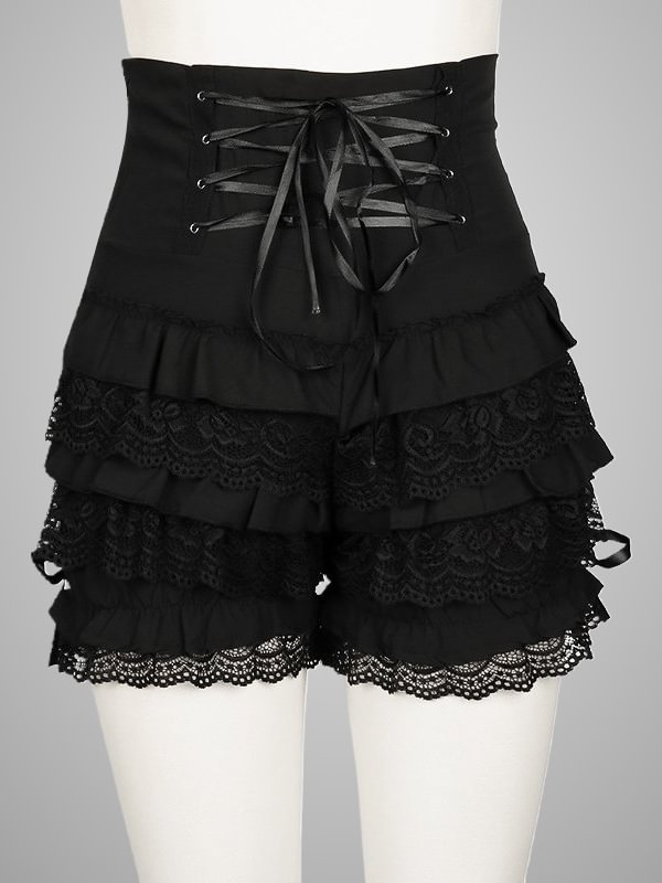 Gothic Dark Lace Paneled Drawstring Bow-knot Decorated Ruffled High-rise Tiered Shorts