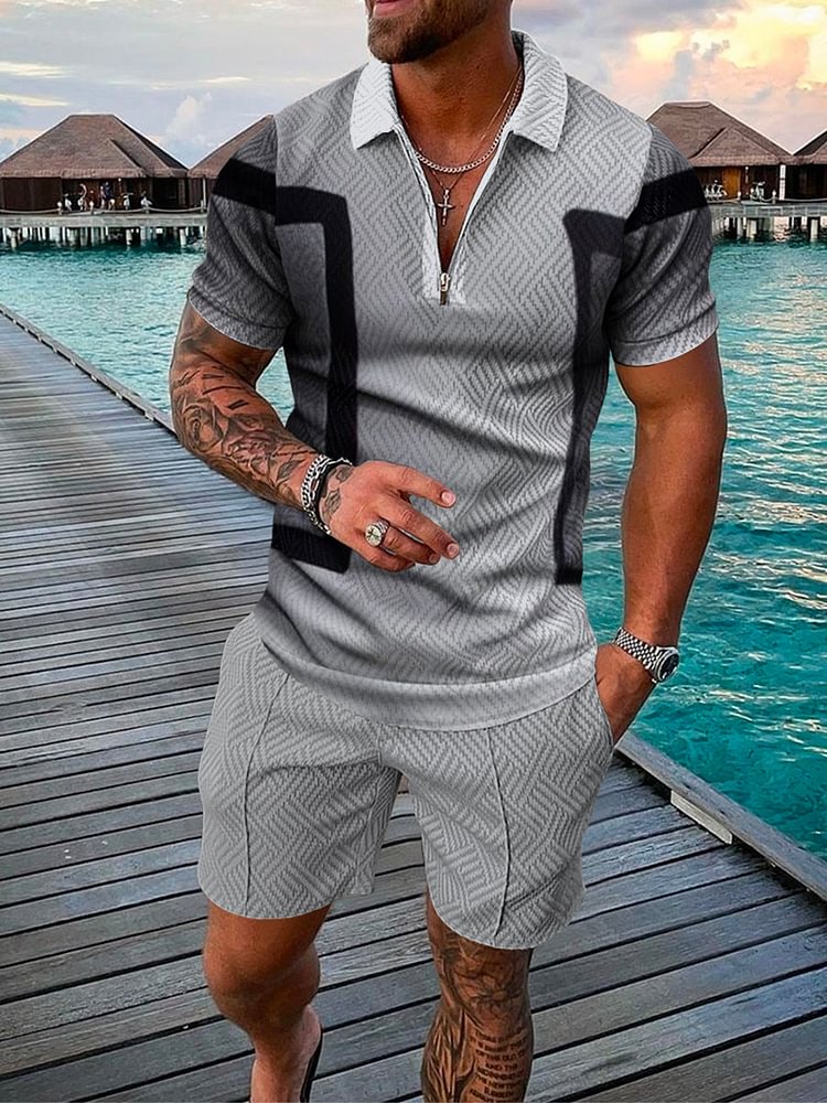 Men's Vacation Printing Color Contrast Polo Suit