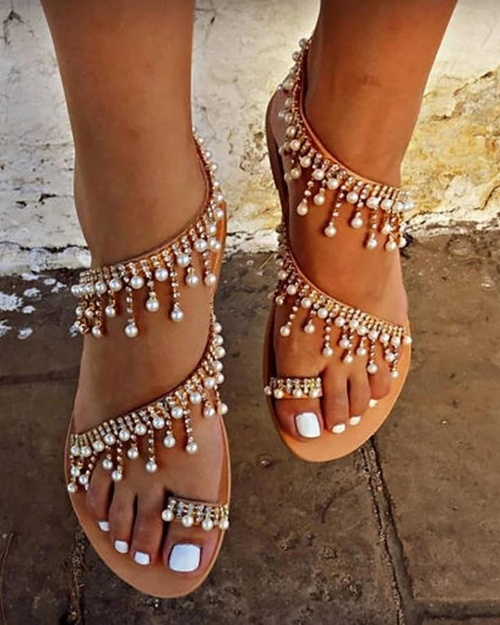 Shiny Embellished Toe Post Flat Sandals