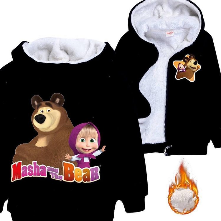 Mayoulove Girls Masha And The Bear Print Kids Zip Up Fleece Lined Cotton Hoodie-Mayoulove
