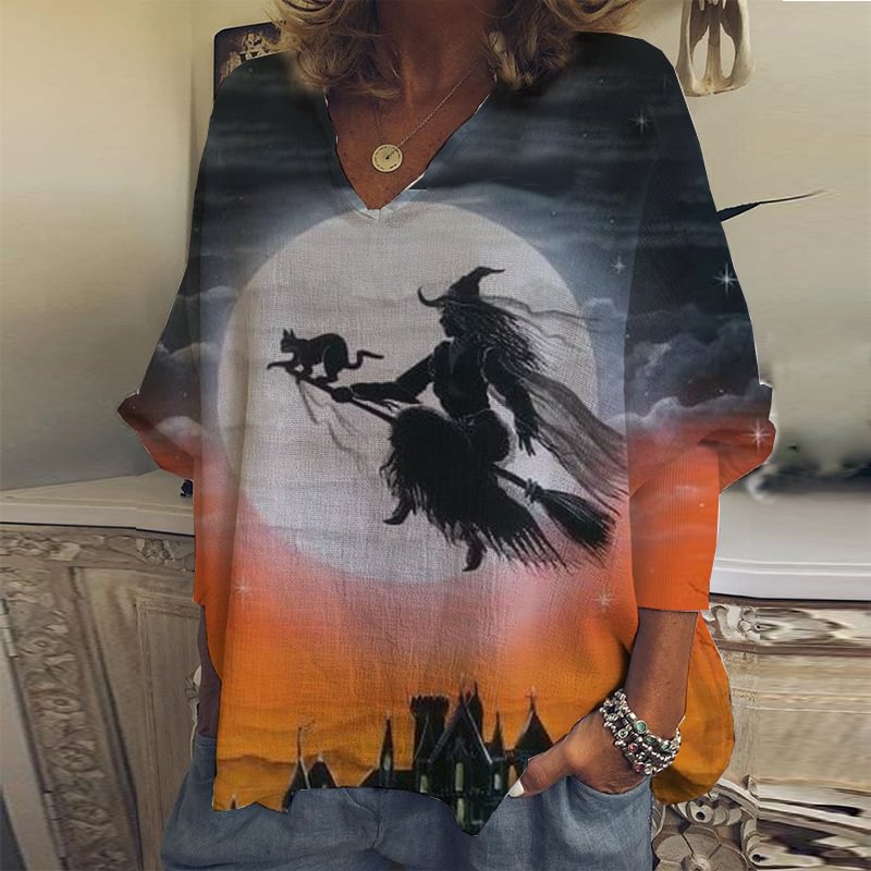 Women's Moon Witch On Broom Printed Casual T-shirt