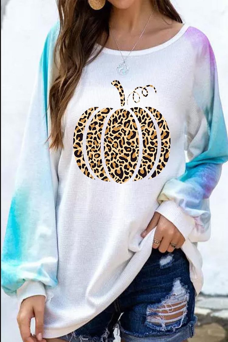 Women's Pullovers Tiedye Leopard Pumpkin Print Pullover-Mayoulove