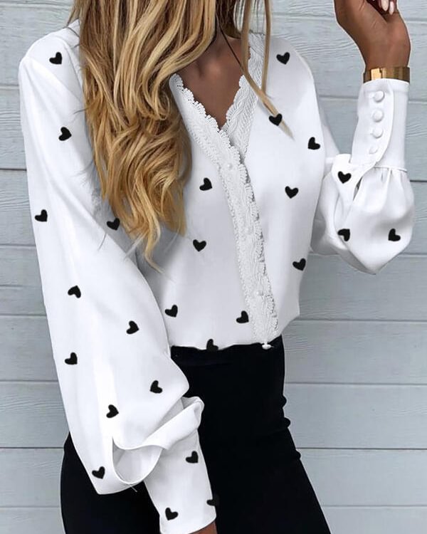  Print Lace Heart V-Neck Long Sleeves Button Up Elegant Shirt Blouses