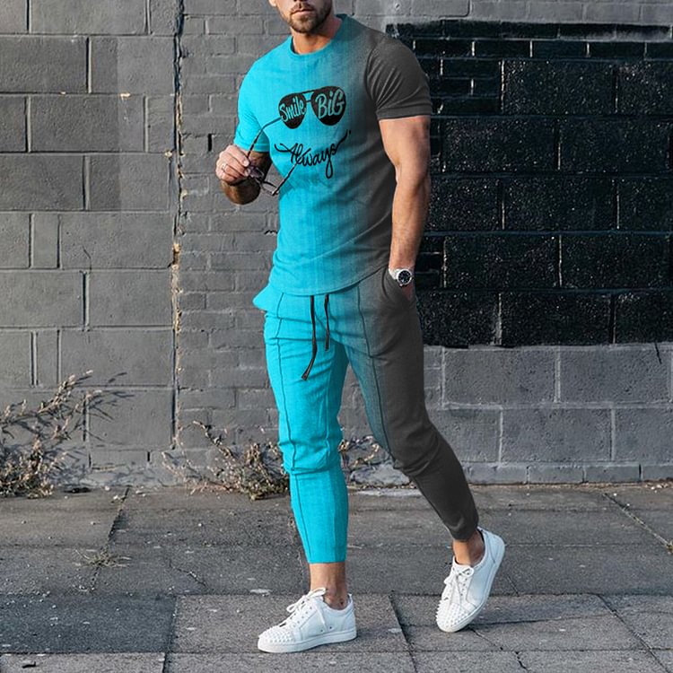 BrosWear Blue-Gray Gradient Leisure T-Shirt And Pants Two Piece Set