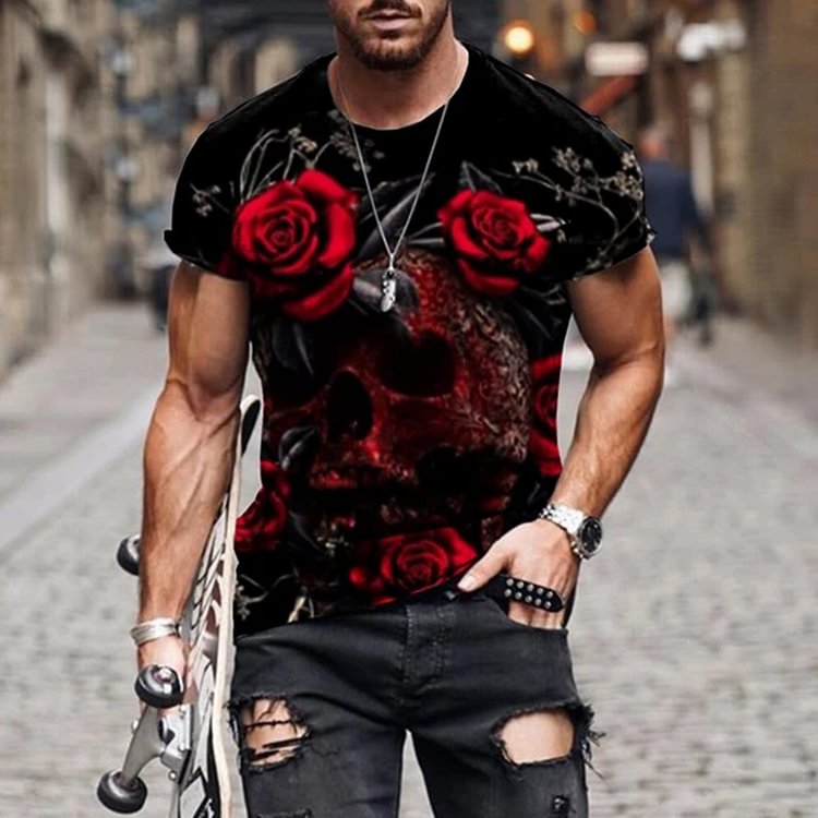 BrosWear Skull Rock Rose Print T-shirt Black red