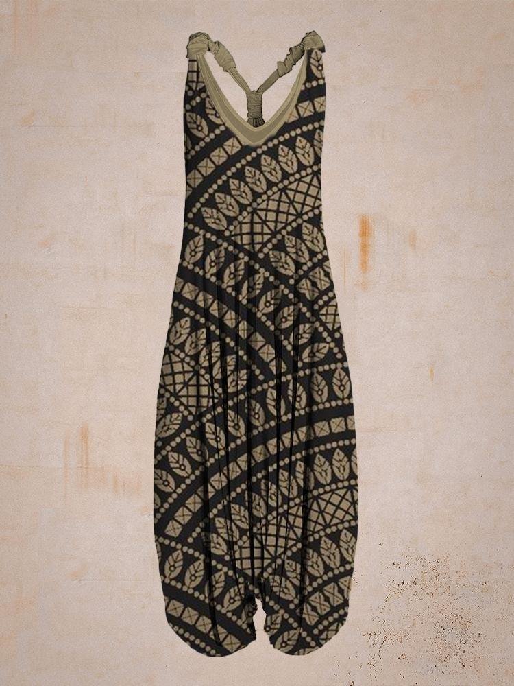 Women Quarter Round Vintage Pattern Sleeveless Harem Jumpsuit