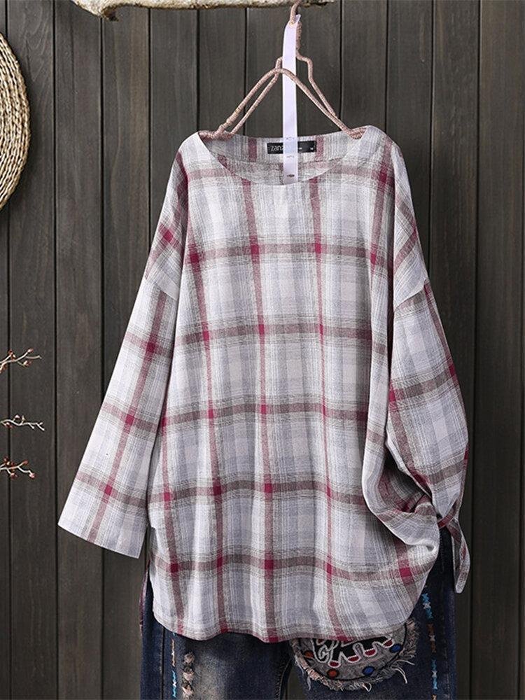 Women's plaid slit cotton and linen round neck long sleeve plus size blouse-Mayoulove