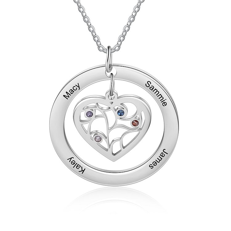 Personalized Heart Family Tree Necklace with 4 Names and 4 Birthstones