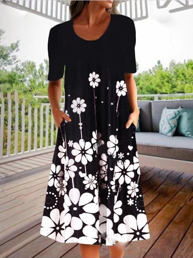 Casual Round Neck Vintage Floral Half Sleeve Dress-Mayoulove