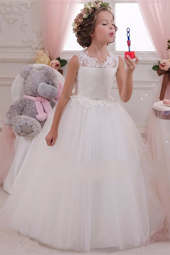 Luluslly White Sleeveless Flower Girl Dress Princess Tulle With Lace Appliques