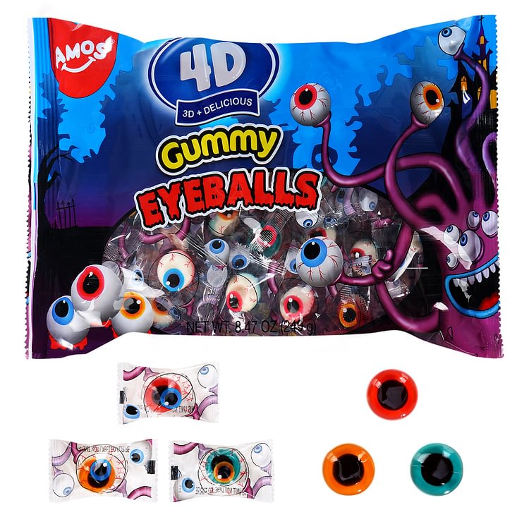 AMOS 4D Halloween Gummy Eyeballs for Party 3D Shaped Halloween Candy Eyeball (40 Count)