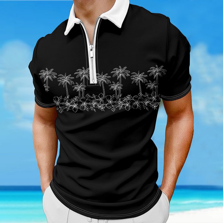 BrosWear Sleek Casual Black Coconut Tree Printed Polo Shirt