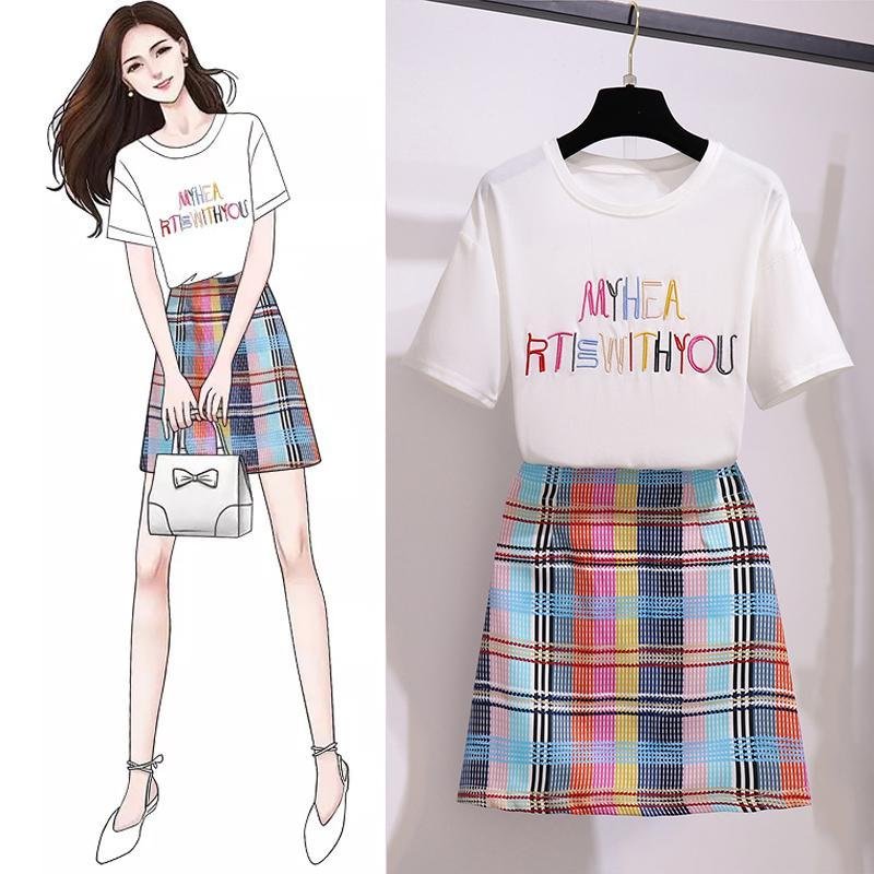 Colorful Letters Tee+Plaid Skirt P11016