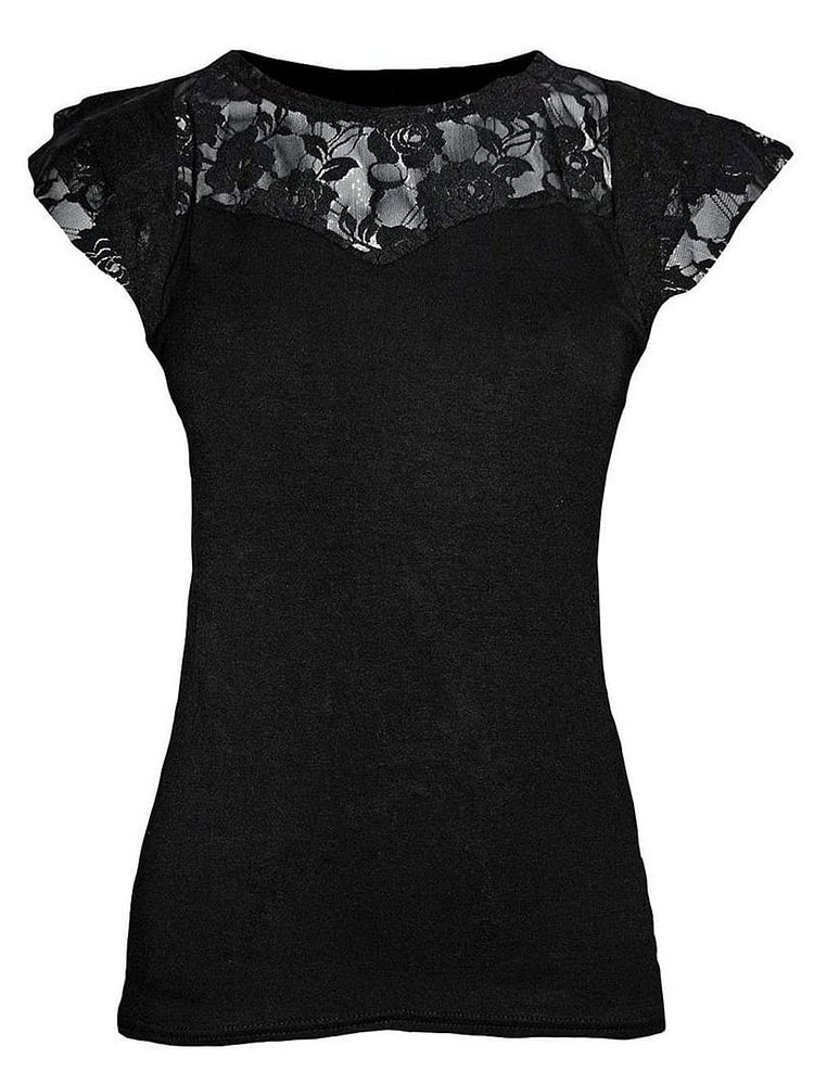 Round neck short sleeve lace perspective sexy Tee