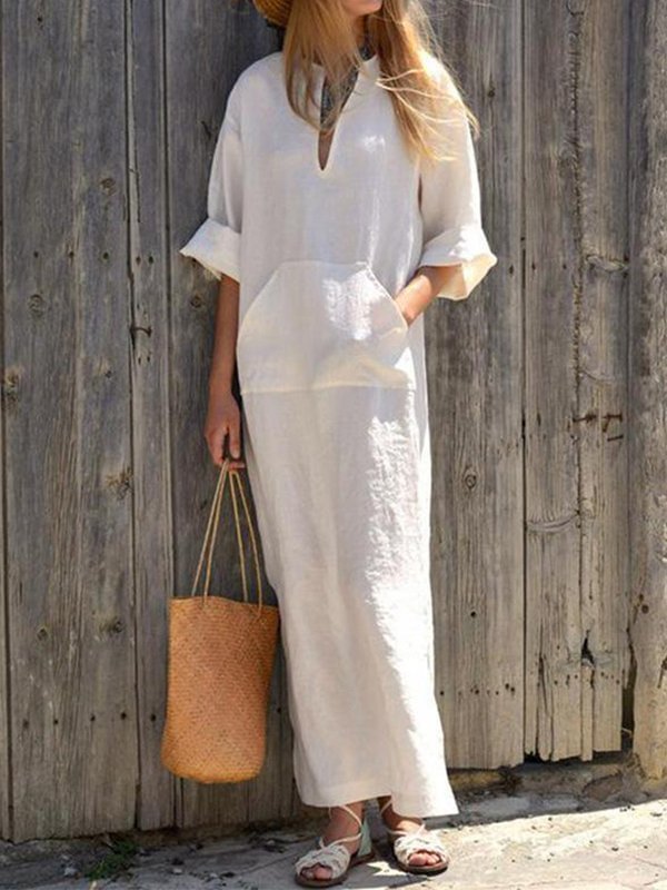 Slit Side Casual Linen Maxi Dress With Pockets