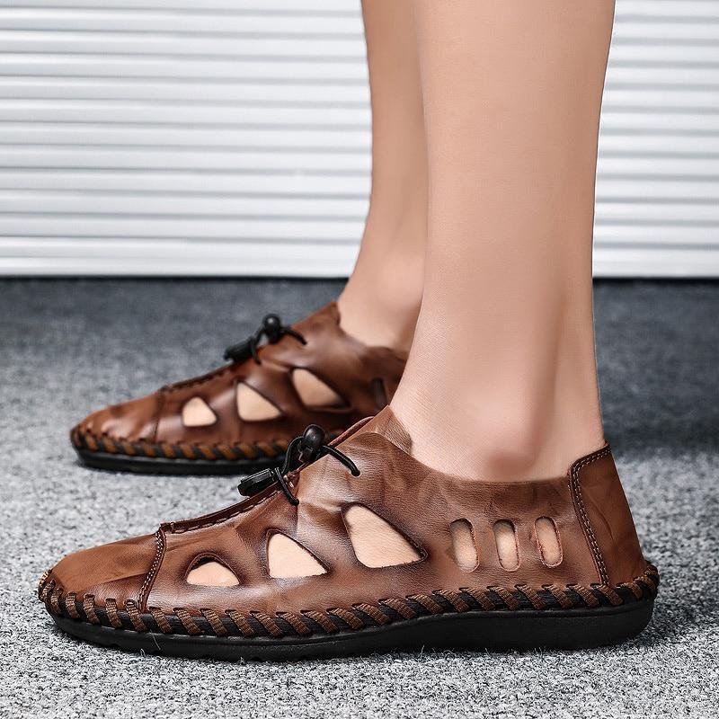 Men Breathable Genuine Leather Sandals Flats Fashion Casual Beach Shoes-Corachic