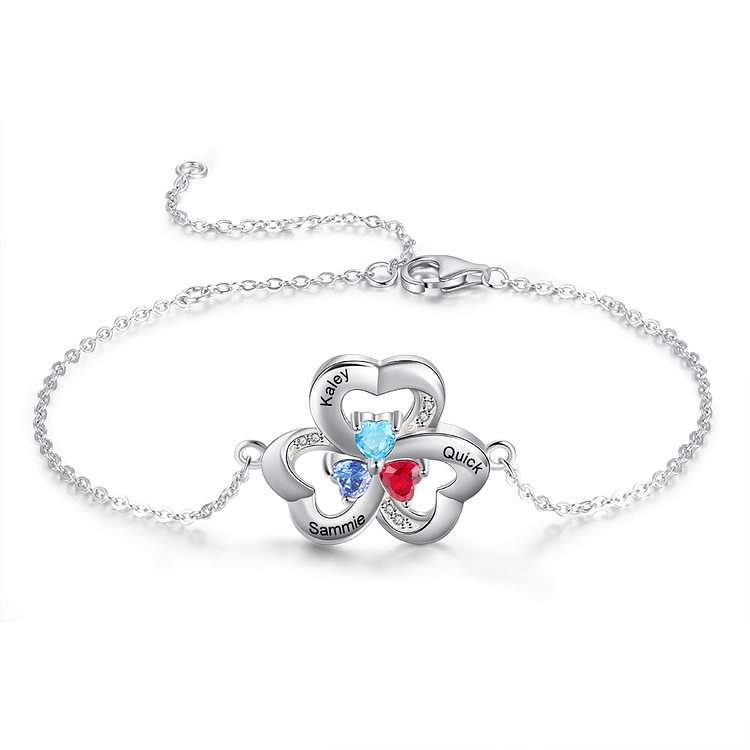 925 Sterling Silver Personalized Heart Bracelet Engraved with 3 Birthstone and 3 Name