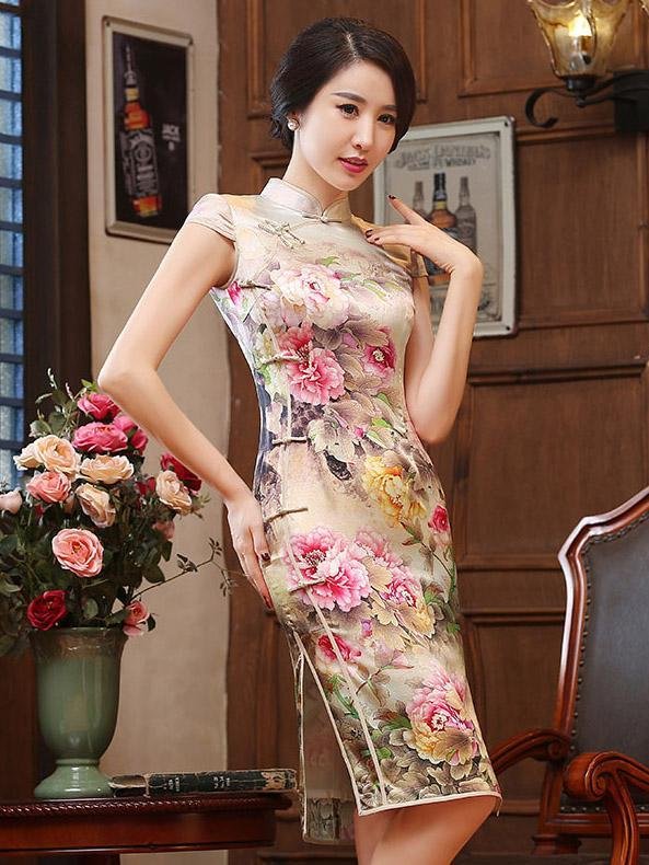Peony-print Split-side Short Cheongsam Dress