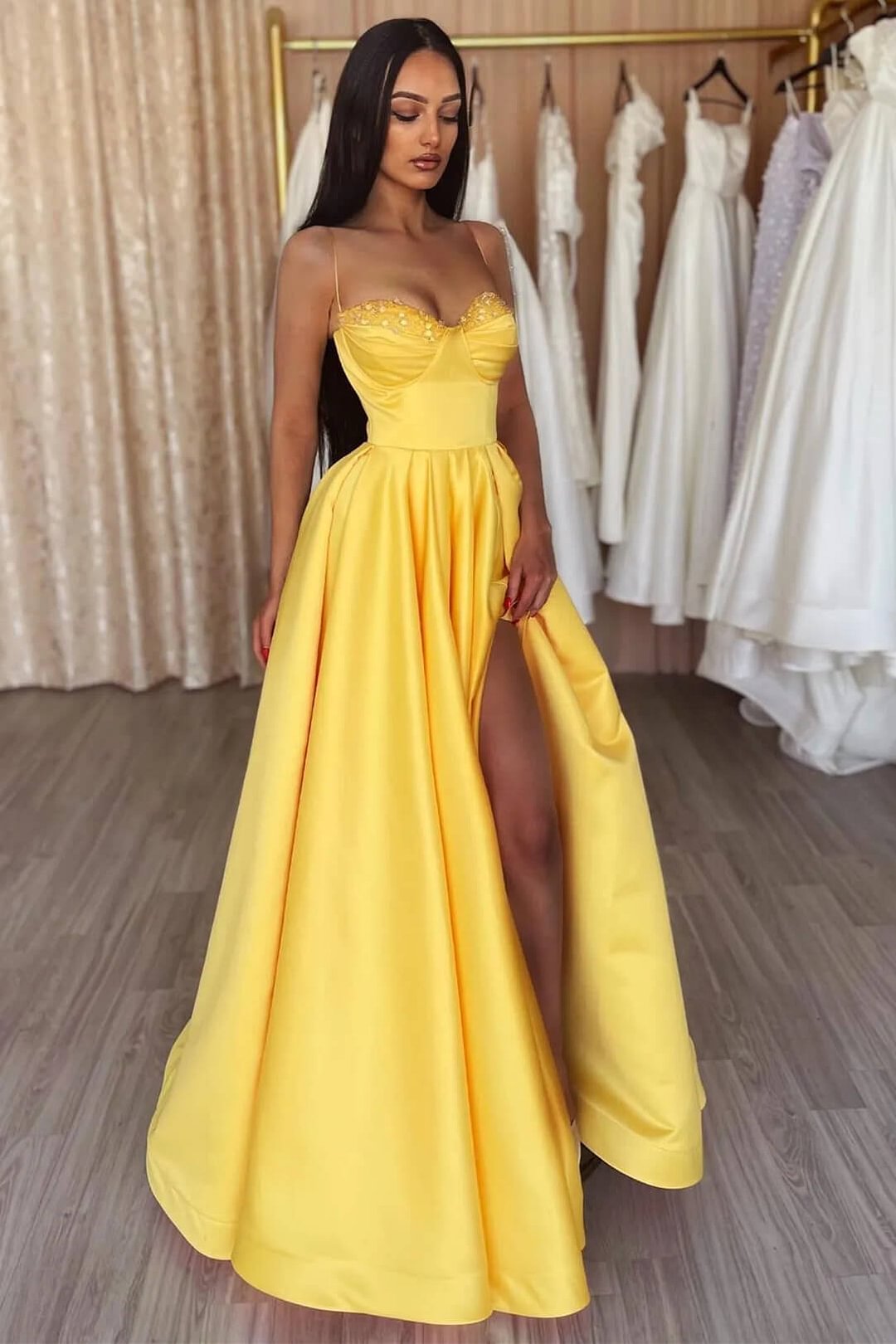 Luluslly Yellow Spaghetti-Straps Prom Dress Slit Long With Sequins