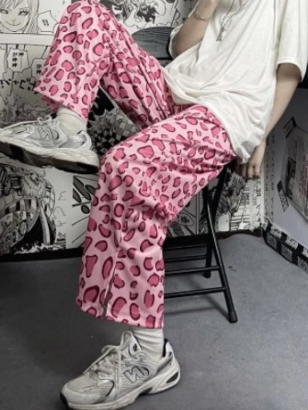 Vintage Pink Leopard Printed Split Loose Straight Pants