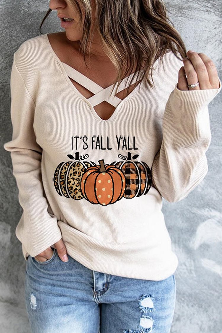 Women's Pullovers Pumpkin Print Criss Cross Pullover-Mayoulove