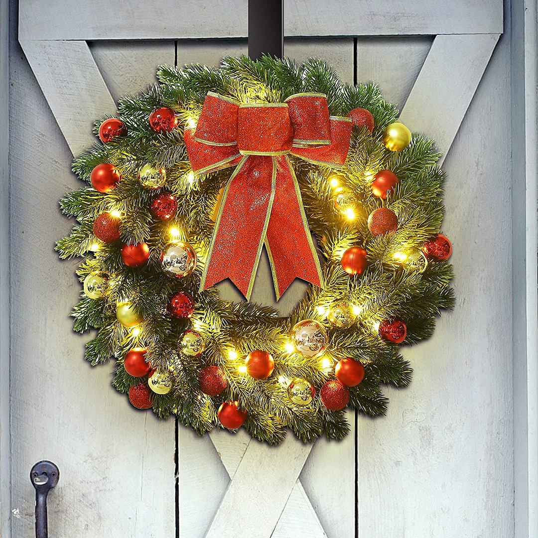 Large Red bowknot Lighted Winter Christmas Wreath For Front Door