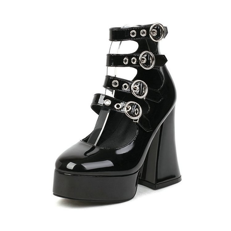Buckle Straps Flared Heels Pointed Toe Mary Jane