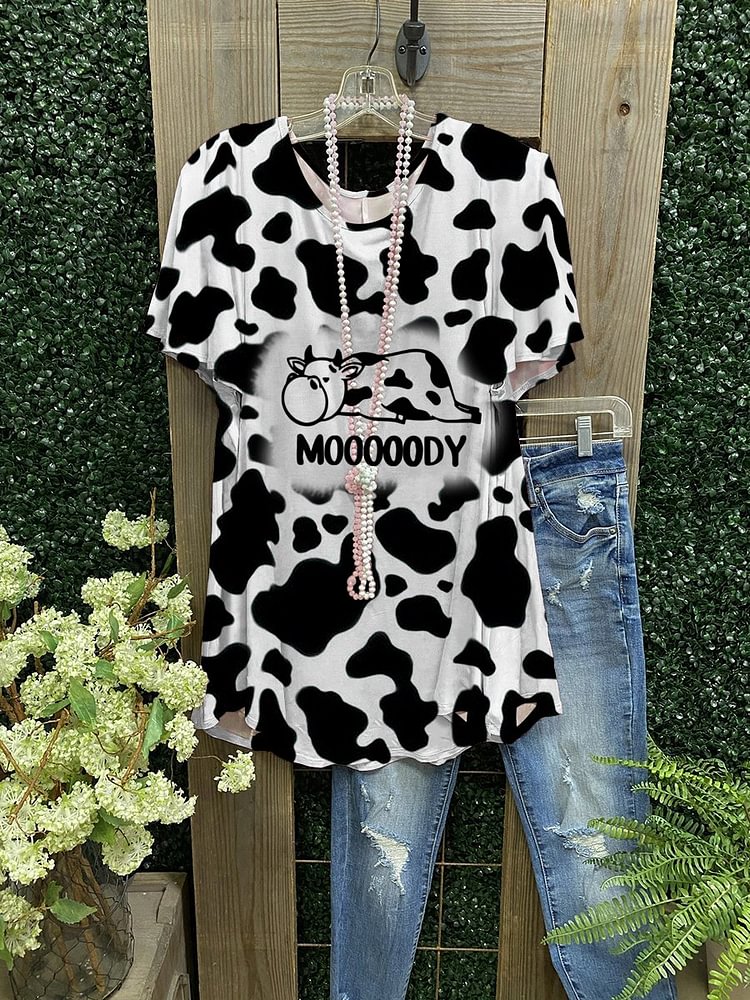 Ladies Cow Print Casual T-shirt-Mayoulove