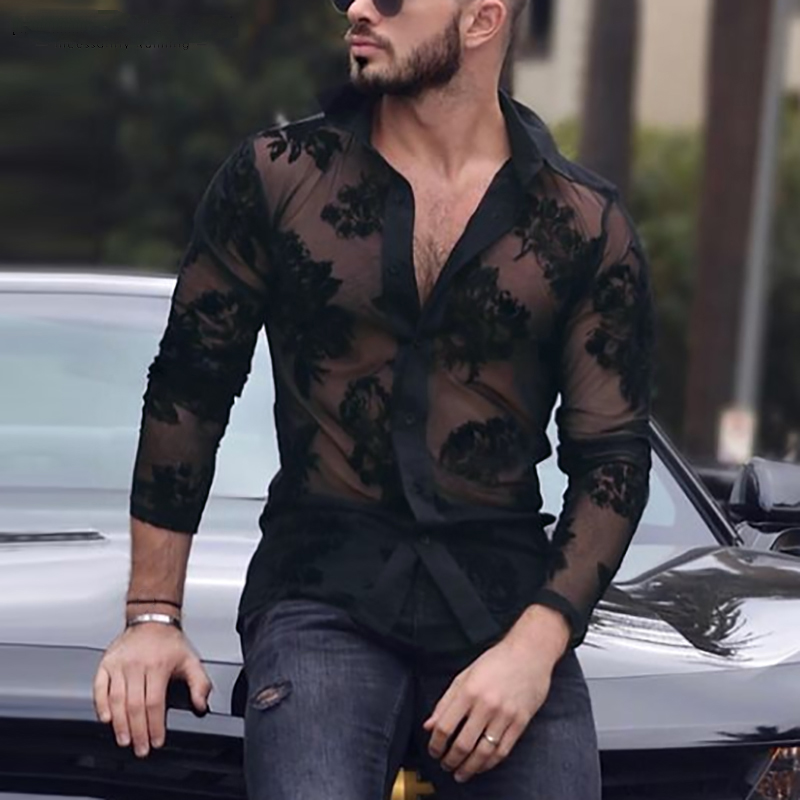 Black LaceTransparent Streetwear Men'a Mesh Long Sleeve Shirts-VESSFUL