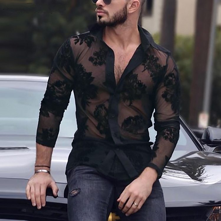 Black LaceTransparent Streetwear Men'a Mesh Long Sleeve Shirts