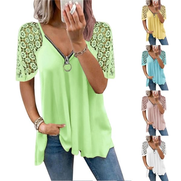 Summer Women's Lace Stitching Short Sleeve Tops Solid Color Loose T-shirt Fashion Casual Women's Clothing Plus Size Femmes