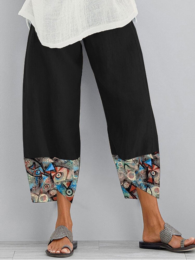 Fish Printed Patchwork Pockets Elastic Waist Pants With Pockets For Women